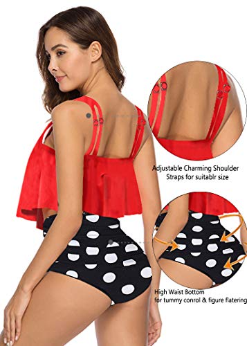 Aidotop Bañador para Mujer Top con Volantes Cintura Alta Traje de baño Trajes de baño de Dos Piezas Bikini Sets(13red Point, 14-16(L))