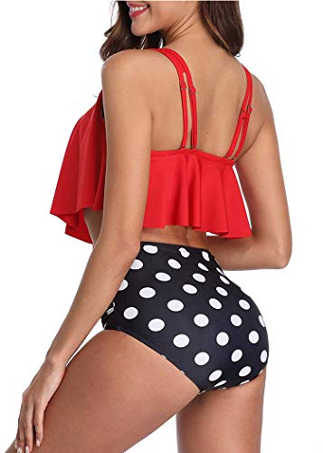 Aidotop Bañador para Mujer Top con Volantes Cintura Alta Traje de baño Trajes de baño de Dos Piezas Bikini Sets(13red Point, 14-16(L))