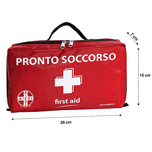 AIESI® Botiquin de Primeros Auxilios profesional para coche casa moto viaje trekking con TERMOMETRO Y DESINFECTANTE # Bolsa de emergencia completa para medicacion # Made in Italy