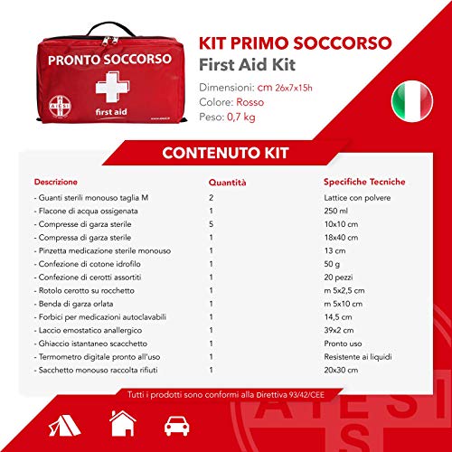 AIESI® Botiquin de Primeros Auxilios profesional para coche casa moto viaje trekking con TERMOMETRO Y DESINFECTANTE # Bolsa de emergencia completa para medicacion # Made in Italy