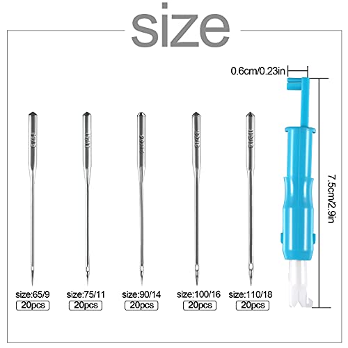 AIEX 100 Piezas Agujas de la Máquina de Coser Agujas Universales de Costura Hax1 65/9 75/11 90/14 100/16 110/18 con un Enhebrador de Agujas por Bernina Kenmore Singer Brother Janome Schmetz