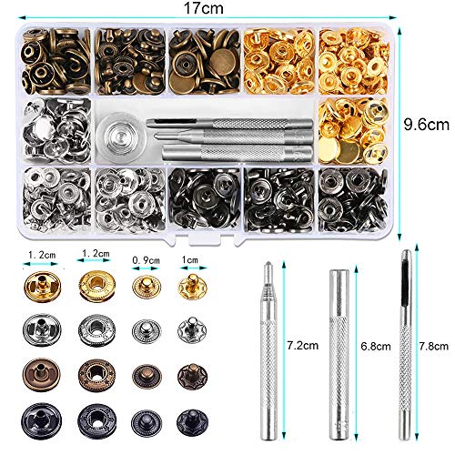 Ailiver Botones de presión de metal de 120 unidades, 4 colores, cierre de remaches, de piel, botones de metal y 5 piezas de herramientas de fijación