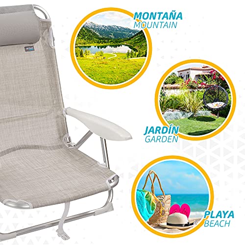 Aktive 62623 62623-Silla, cojín, Plegable, 67x67x76 cm, Silla de Playa reclinable, 4 Posiciones, Color Beige, con asa de Transporte, Gris