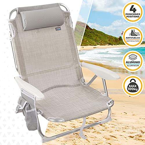 Aktive 62623 62623-Silla, cojín, Plegable, 67x67x76 cm, Silla de Playa reclinable, 4 Posiciones, Color Beige, con asa de Transporte, Gris