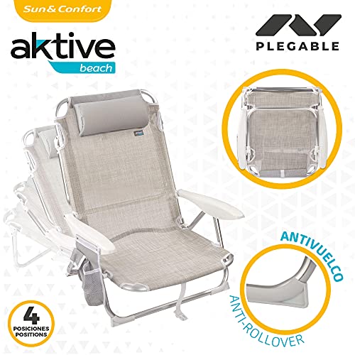 Aktive 62623 62623-Silla, cojín, Plegable, 67x67x76 cm, Silla de Playa reclinable, 4 Posiciones, Color Beige, con asa de Transporte, Gris