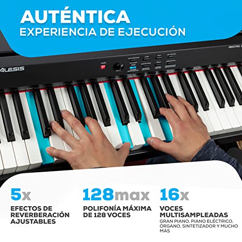 Alesis Recital Grand - Piano digital de 88 teclas contrapesadas de tamaño completo y con acción de martillo graduado, 16 sonidos de teclado de piano y altavoces integrados