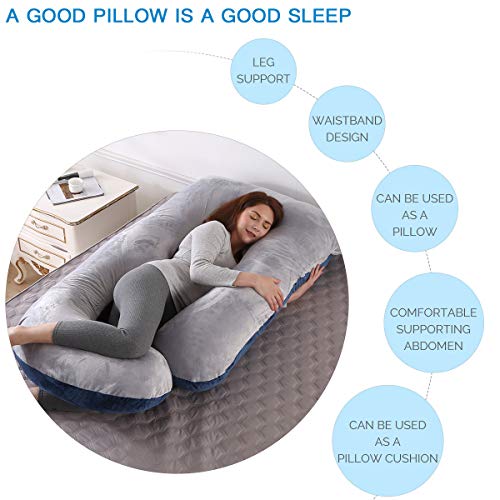 Almohada de Embarazo, Almohada Embarazada Dormir en Forma de J, Multifuncional Embarazo Almohada de Cuerpo Completo para Soporte de Vientre/Caderas/Piernas/Espalda(Gris + Azul marino, Terciopelo)