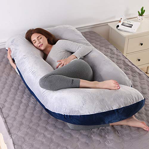 Almohada de Embarazo, Almohada Embarazada Dormir en Forma de J, Multifuncional Embarazo Almohada de Cuerpo Completo para Soporte de Vientre/Caderas/Piernas/Espalda(Gris + Azul marino, Terciopelo)