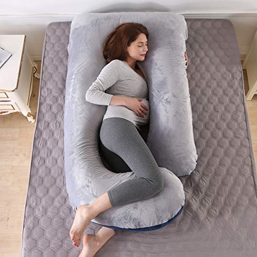 Almohada de Embarazo, Almohada Embarazada Dormir en Forma de J, Multifuncional Embarazo Almohada de Cuerpo Completo para Soporte de Vientre/Caderas/Piernas/Espalda(Gris + Azul marino, Terciopelo)