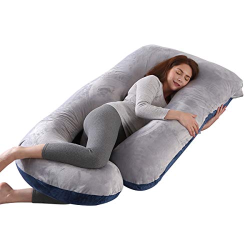 Almohada de Embarazo, Almohada Embarazada Dormir en Forma de J, Multifuncional Embarazo Almohada de Cuerpo Completo para Soporte de Vientre/Caderas/Piernas/Espalda(Gris + Azul marino, Terciopelo)