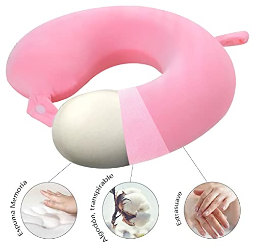 Almohada de Viaje, Almohada para Cuello Viscoelástica de Espuma Memoria, Cómoda para la Cervical, Ortopédica Soporte de Nuca para Viajar Coche Avión Bus (Rosa)