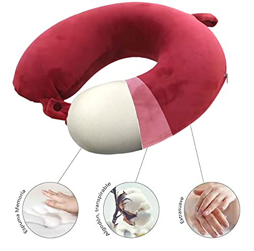 Almohada de Viaje, Almohada para Cuello Viscoelástica de Espuma Memoria, Cómoda para la Cervical, Ortopédica Soporte de Nuca para Viajar Coche Avión Bus (Tinto)