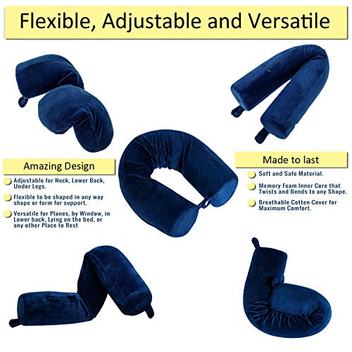 Almohada de viaje de espuma viscoelástica para cuello, barbilla, hombro, lumbar y soporte para piernas para adultos, avión, autobús, tren y oficina (azul)