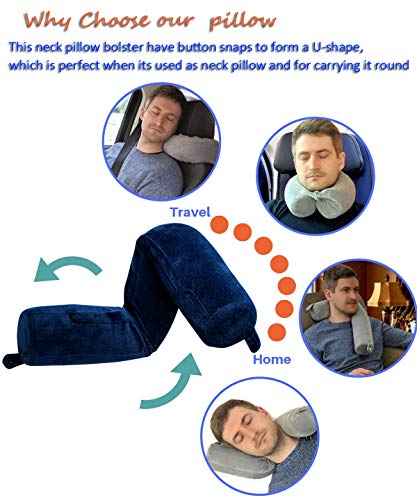 Almohada de viaje de espuma viscoelástica para cuello, barbilla, hombro, lumbar y soporte para piernas para adultos, avión, autobús, tren y oficina (azul)