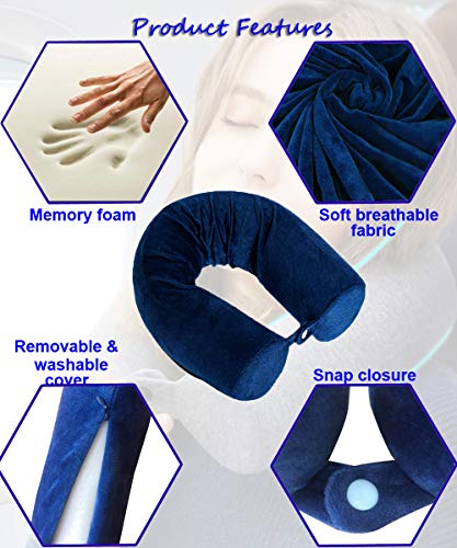 Almohada de viaje de espuma viscoelástica para cuello, barbilla, hombro, lumbar y soporte para piernas para adultos, avión, autobús, tren y oficina (azul)