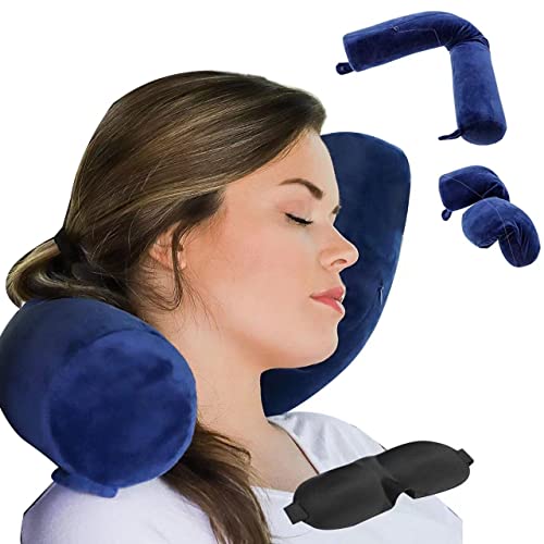 Almohada de viaje de espuma viscoelástica para cuello, barbilla, hombro, lumbar y soporte para piernas para adultos, avión, autobús, tren y oficina (azul)