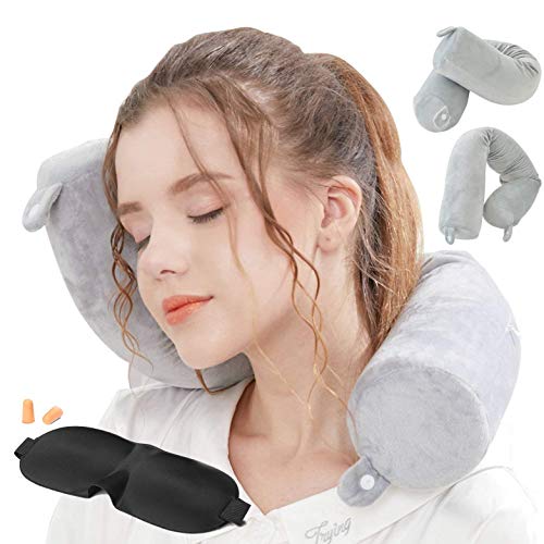 Almohada de Viaje，para Avión Almohada Cervical, Almohada Ortopédica Cervical, de Espuma con Memoria，Twist con Máscara de Ojos, Tapones y Bolsa con Cordón