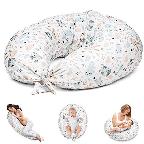 Almohada Embarazada y Cojin Lactancia 165 x 70 cm Almohada - Cojín Embarazo Maternidad Dormir y Cojines Blanco con Búhos Y Conejos