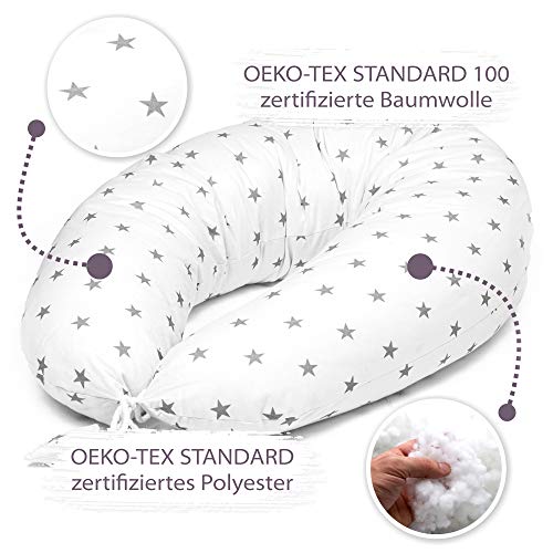 Almohada Embarazada y Cojin Lactancia 165 x 70 cm Almohada - Cojín Embarazo Maternidad Dormir y Cojines Blanco con Estrellas Grises