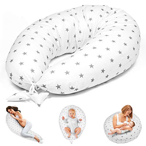 Almohada Embarazada y Cojin Lactancia 165 x 70 cm Almohada - Cojín Embarazo Maternidad Dormir y Cojines Blanco con Estrellas Grises