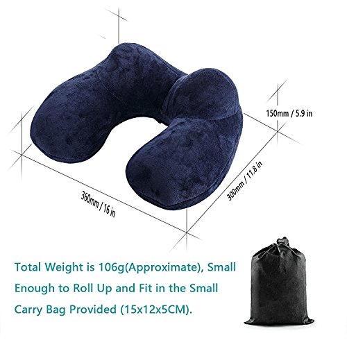 Almohada Inflable del Viaje, LUZWAY Cojín Inflable del Cuello de Viaje, Hecho de Terciopelo Suave y Funda Lavable con Tapones para los Oídos , Máscara de los Ojos y Bolsa de Transporte [Azul]