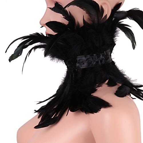 Alvivi Collar Plumas Naturales Mujer Gargantilla Gótica Victoriana Disfraz Mujer Halloween Carnaval Boda Cuello de Abrigo Invierno Negro One Size