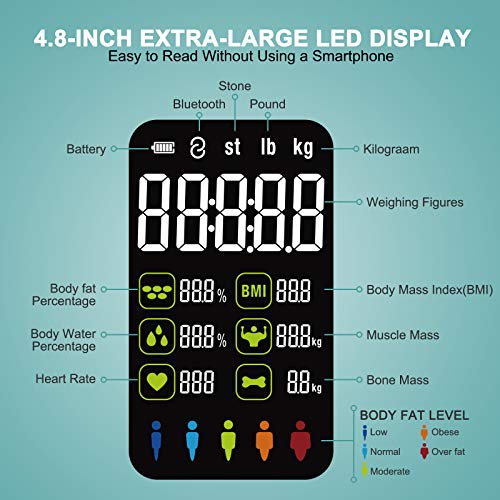 AnjoCare Báscula de grasa corporal con pantalla LED grande, básculas digitales de baño con aplicación para Smartphone, 16 mediciones actualizadas, analizadores de composición corporal