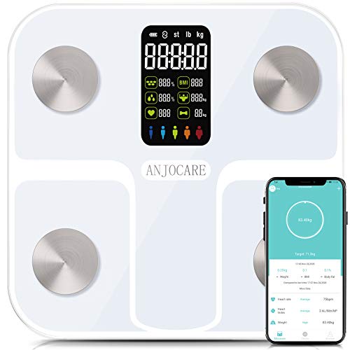 AnjoCare Báscula de grasa corporal con pantalla LED grande, básculas digitales de baño con aplicación para Smartphone, 16 mediciones actualizadas, analizadores de composición corporal