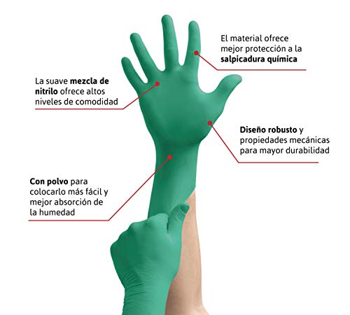 Ansell TouchNTuff 92-500 Guantes Desechables de Nitrilo, Sectores Químico, de Manipulación de Alimentos, Mecánico, verde, Tamaño 6.5-7 (caja de 100 guantes)