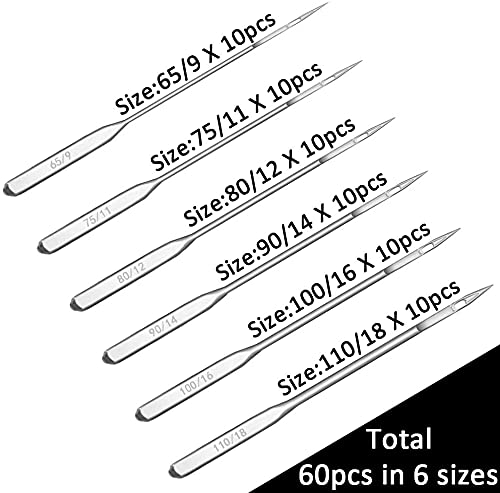 Anvin - Agujas para máquina de coser de 60 piezas, punto regular universal para cantantes, hermano, Janome, Varmax, agujas de punta de bola resistentes 65/9,75/11,80/12,90/14,100/16,110/18