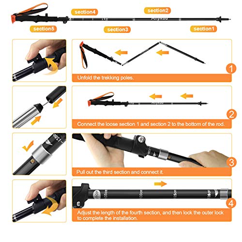 Anykuu Bastones de Senderismo Bastones Trekking 2 Piezas de Marcha nórdica Plegables telescópicos Ajustables Ligeros 37~135cm, bastón Plegable de Aluminio de aleación de Llevar Bolsa de montañismo