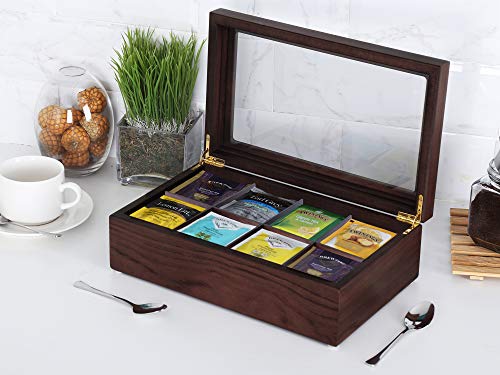 Apace Living Caja para Té - Lujoso Organizador de Madera para Guardar el Té - 8 Compartimentos Ajustables para Bolsitas de Té - Elegante y Hecha a Mano con Ventanilla Transparente Resistente