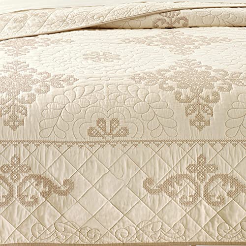 APAPA Colcha para Cama Manta Acolchada,Manta de sofá de Lujo Estilo Elegante con patrón de Bordado Colcha de Colcha de Cama con Funda de Estilo Bohemio -Beige||234CM*269CM