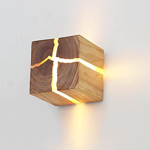 Aplique de Pared con Luz Led Para DecoracióN,LáMpara de Pared de Madera Agrietada,Troncos Agrietados Cuadrados,Sin Perforaciones, LáMpara de Pared de Madera - Coul