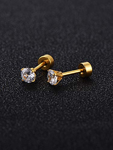 Aretes de Acero Inoxidable Pendientes de Botón de Barra con Pesas de Tragus Cartílago Piercings de Tornillo de Oreja CZ de Incrustado de Diamante de Imitación, 16Pares (Oro)