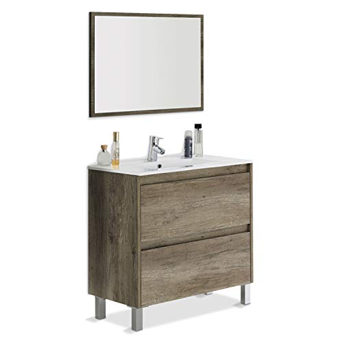 ARKITMOBEL Mueble de Baño con 2 Cajones y Espejo, Modulo Lavabo, Modelo Dakota, Acabado en Nordik, Medidas: 80 cm (Ancho) x 80 cm (Alto) x 45 cm (Fondo)