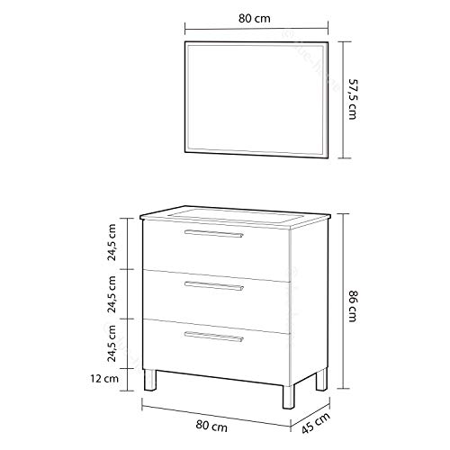 ARKITMOBEL Mueble de Baño con 3 Cajones y Espejo, Modulo Lavabo, Modelo Athena, Acabado en Blanco Brillo, Medidas: 80 cm (Ancho) x 86 cm (Alto) x 45 cm (Fondo)