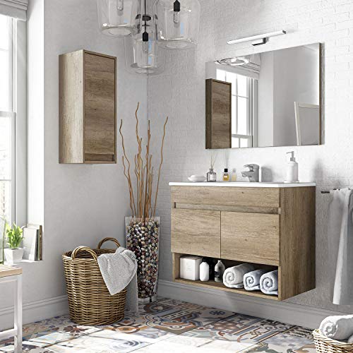 ARKITMOBEL Mueble de Baño Suspendido con 2 Puertas y Espejo, Modulo Colgante, Modelo Cotton, Acabado en Nordik, Medidas: 80 cm (Ancho) x 64 cm (Alto) x 45 cm (Fondo)