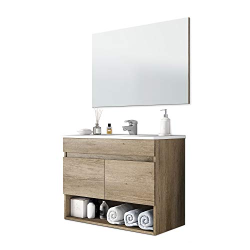 ARKITMOBEL Mueble de Baño Suspendido con 2 Puertas y Espejo, Modulo Colgante, Modelo Cotton, Acabado en Nordik, Medidas: 80 cm (Ancho) x 64 cm (Alto) x 45 cm (Fondo)