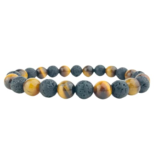 ARMONY PARIS Pulsera de Protección, Marca francesa, Piedra Natural, Litoterapia, Ojo de Tigre Amarillo y Roca de Lava, perla 8 mm para hombre y mujer, Chakras