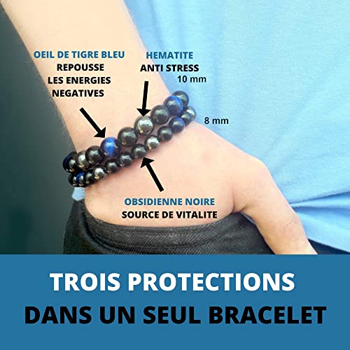 ARMONY PARIS Pulsera de Protección, Marca Francesa, Piedra Natural, Litoterapia, Ojo de Tigre Azul, Azul Turquesa, Rosa, Hematita Obsidiana Negra, Perla de 10 mm y 8 mm para Hombre y Mujer, Chakras