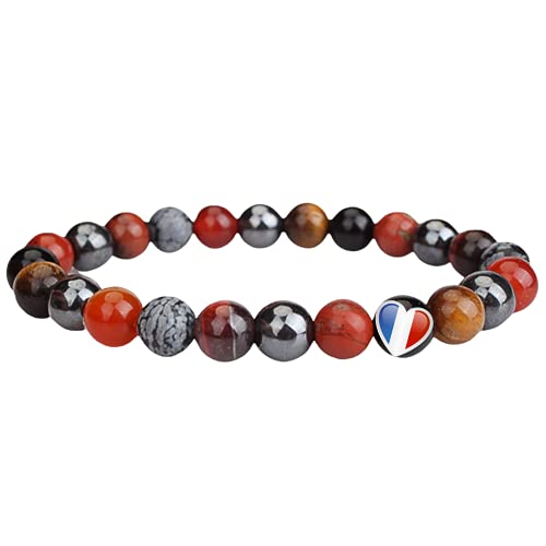 ARMONY PARIS Pulsera protección 8 mm, Marca Francesa Piedra Natural, Ojo de Tigre Amarillo y Rojo Hematita, Cornalina, Obsidiana Copo de Nieve Obsidiana negra