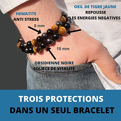 ARMONY PARIS Pulsera Protección, Marca Francesa, Piedra Natural, Litoterapia, Ojo de Tigre Hematita Obsidiana Negra, Perla de 10 mm o 8 mm Pulsera Hombre Mujer, Joyas Mujer Pulsera Amuleto