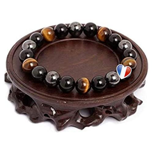 ARMONY PARIS Pulsera Protección, Marca Francesa, Piedra Natural, Litoterapia, Ojo de Tigre Hematita Obsidiana Negra, Perla de 10 mm o 8 mm Pulsera Hombre Mujer, Joyas Mujer Pulsera Amuleto