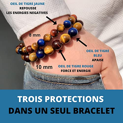 ARMONY Pulsera de Protección Triple, Nueva Marca Francesa Piedras Naturales Reales Perla 10 mm y 8 mm Ojo De Tigre Amarillo Rojo y Azul Hombre Mujer Bolsa de Terciopelo Ofrecido