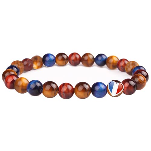 ARMONY Pulsera de Protección Triple, Nueva Marca Francesa Piedras Naturales Reales Perla 10 mm y 8 mm Ojo De Tigre Amarillo Rojo y Azul Hombre Mujer Bolsa de Terciopelo Ofrecido