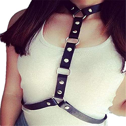 Arnés Mujeres Cuerpo ajustable Cofre del arnés Cinturón Cinturones Cinturones Halter Sin respaldo PU Correas de cuero con hebillas Anillos Punk Club Tirantes Cuello Choker Disfraz Arnés de tiras acces