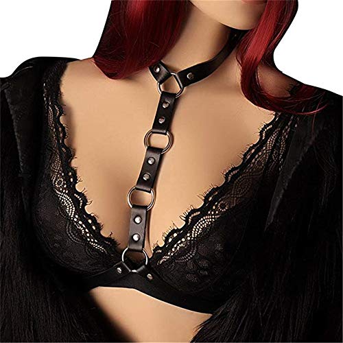 Arnés Mujeres Cuerpo ajustable Cofre del arnés Cinturón Cinturones Cinturones Halter Sin respaldo PU Correas de cuero con hebillas Anillos Punk Club Tirantes Cuello Choker Disfraz Arnés de tiras acces