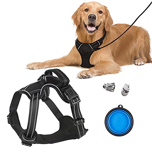 Arnes Perro,Arnes para Perros antitirones Ajustable Arnés de Pecho Reflectante y Transpirable,con Plato de Comida y Placa de Colgante, para Gatos,Cachorros,Perros medianos y Grandes (Negro, L)