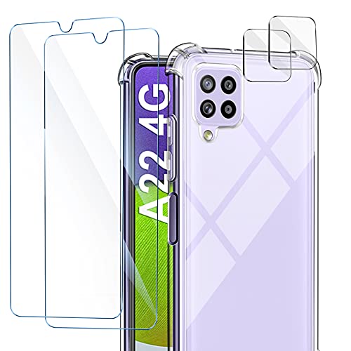 AROYI Funda Compatible con Samsung Galaxy A22 4G (Non para A22 5G), 2 Pack Cristal Templado y 2 Pack Lente de cámara, Carcasa Suave TPU Silicona Airbag Anti-Choque - Transparente